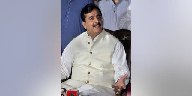 Pakistan's former Prime Minister Yusuf Raza Gilani speaks during a press conference in Multan, Pakistan, Sunday, May 24, 2015. Gilani said he has spoken to his son Ali Haider for the first time since his abduction in 2013. Gilani said Haider's captors are demanding the release of several al-Qaida militants held in Pakistani prisons, adding that he plans to take up those demands with Pakistani officials. (AP Photo/Asim Tanveer)