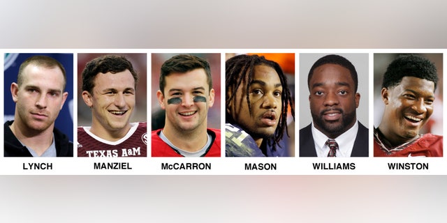 FILE - This combo of file photos shows the six Heisman Trophy finalist, from left, Northern Illinois quarterback Jordan Lynch, Texas A&M quarterback Johnny Manziel, Alabama's quarterback AJ McCarron, Auburn running back Tre Mason, Boston College running back Andre Williams and Florida State quarterback Jameis Winston. The winner will be announced Saturday night, Dec. 14, 2013, in New York. (AP Photo/File)