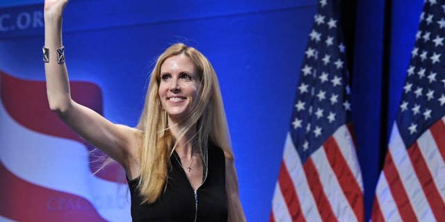 FILE - In this Feb. 12, 2011 file photo, Ann Coulter waves to the audience after speaking at the Conservative Political Action Conference (CPAC) in Washington. Coulter's planned appearance at the University of California, Berkeley on April 27 has been canceled because of security concerns. UC Berkeley officials say they were unable to find "a safe and suitable" venue for the right-wing provocateur, whom campus Republicans had invited to speak. (AP Photo/Cliff Owen, File)