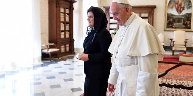 Pope Francis talks with Poland's Prime Minister Beata Szydlo during a private audience in the pontiff's studio at the Vatican, Friday, May 13, 2016. (Gabriel Bouys/AFP Pool via AP)