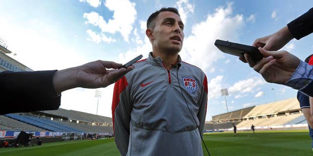 United States forward Miguel Ibarra speaks to reporters prior to training at Rentschler Field in East Hartford, Conn., Thursday, Oct. 9, 2014. The U.S. will host Ecuador in a friendly soccer match on Friday. (AP Photo/Elise Amendola)