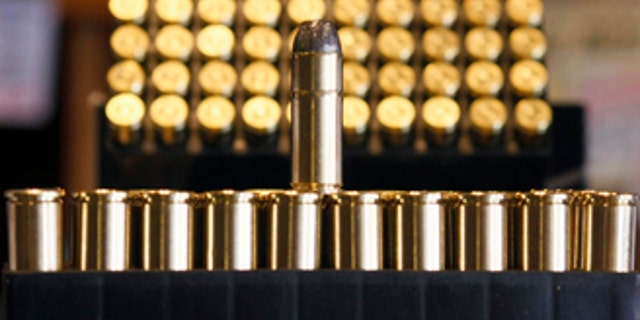 .38 caliber ammunition is seen at Jim Newbauer's gun shop in Tombstone, Arizona May 14, 2008. Newbauer has raised the price of a box of the rounds from seven dollars to $17 in two years due to the increase he has had to pay. Millions of shooters, hunters and even lawmen across the United States feeling the pinch as sky-high metals prices and demand from wars abroad are driving up the price of bullets. To match feature METALS-USA/AMMO REUTERS/Jeff Topping (UNITED STATES)