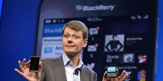 BlackBerry CEO and President Thorsten Heins unveils the BlackBerry 10 mobile platform in New York on January 30, 2013.