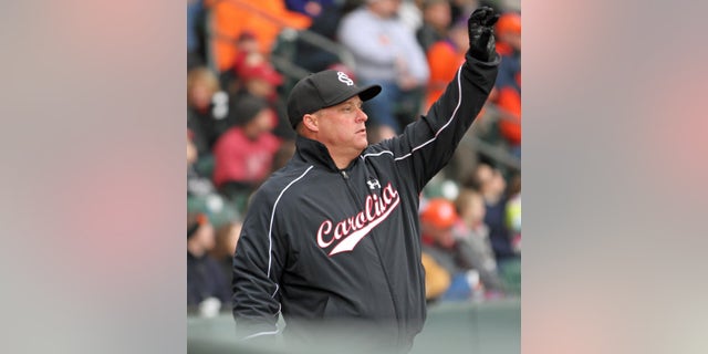 ADVANCE FOR WEEKEND EDITIONS, FEB. 22-23 - FILE - In this March 2, 2013 file photo, South Carolina head coach Chad Holbrook signals an outfield shift during an NCAA college baseball game against Clemson at Fluor Field in Greenville, S.C. (AP Photo/Anderson Independent-Mail, Mark Crammer, File) GREENVILLE NEWS OUT, SENECA NEWS OUT