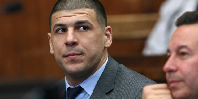 Dec. 20, 2016: Former New England Patriots player Aaron Hernandez appears with defense attorney Jose Baez during a hearing at Suffolk Superior Court.