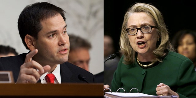 Left: Sen. Marco Rubio (R-FL) questions a witnesses during a Senate Foreign Relations Committee hearing on the attacks on the U.S. Consulate in Benghazi, December 20, 2012. (Photo by Drew Angerer/Getty Images) Right: Then-Secretary of State Hillary Rodham Clinton testifies on Capitol Hill on Jan. 23, 2013, the attack on the U.S. diplomatic mission in Benghazi, Libya. (AP Photo/Pablo Martinez Monsivais, File)