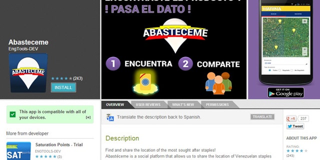 A screenshot of the description for Abastaceme -- which lets Venezuelans find staples such as sugar, flour and toilet paper -- on Google Play.