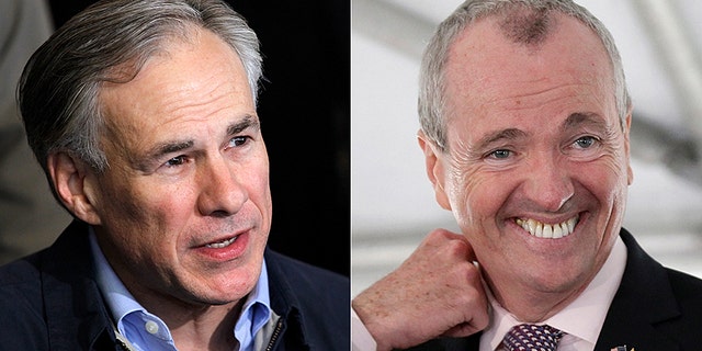 Texas Gov. Greg Abbott, left, welcomes New Jersey residents to the Lone Star State as New Jersey Gov. Phil Murphy, right, proposes tax hikes in new budget.