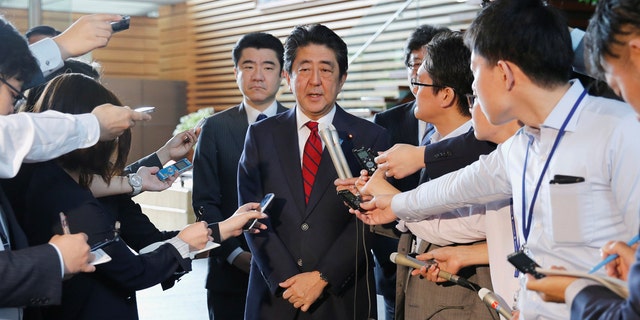 Japan's Prime Minister Shinzo Abe speaks on reports of the launch of a North Korean missile to reporters , at his official residence in Tokyo, Japan May 29, 2017.