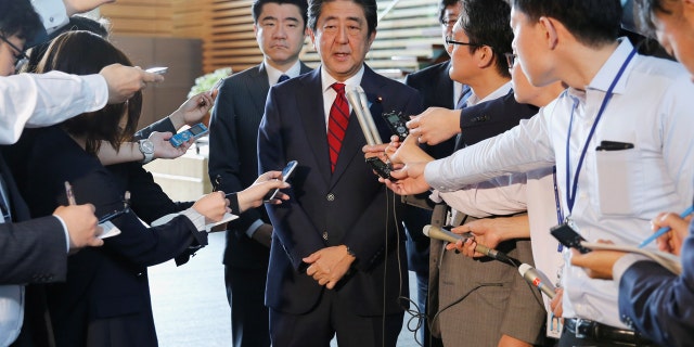 Japan's Prime Minister Shinzo Abe speaks on reports of the launch of a North Korean missile to reporters , at his official residence in Tokyo, Japan May 29, 2017.