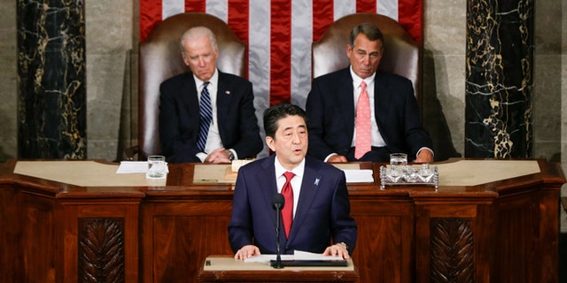 April 29, 2015: Japanese Prime Minister Shinzo Abe speaks before a joint meeting of Congress on Capitol Hill.