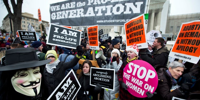 Pro-abortion rights activists, rally face-to-face against anti-abortion demonstrators as both march in front of the U.S. Supreme Court in Washington in a demonstration that coincides with the 40th anniversary of the Roe vs. Wade decision that legalized abortion.