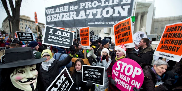 Pro-abortion rights activists, rally face-to-face against anti-abortion demonstrators as both march in front of the U.S. Supreme Court in Washington in a demonstration that coincides with the 40th anniversary of the Roe vs. Wade decision that legalized abortion.
