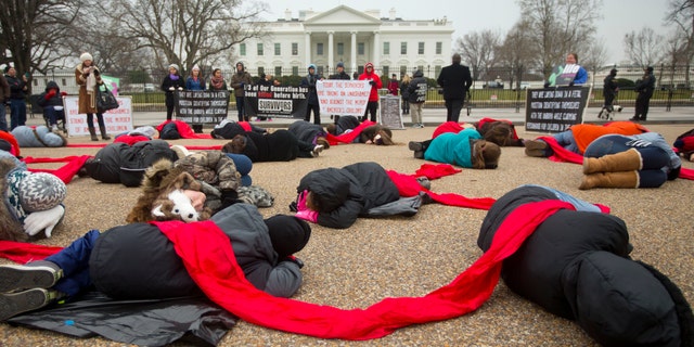 FILE - In a Wednesday, Jan. 21, 2015, file photo, anti-abortion rights activists are connected with a red piece of cloth as they stage a 'die-in' in front of the White House in Washington. Even as the 2016 election outcome intensifies America's abortion debate, a comprehensive new survey released Tuesday, Jan. 17, 2017 by the Guttmacher Institute finds the annual number of abortions in the U.S has dropped to well under 1 million, the lowest level since 1974. (AP Photo/Pablo Martinez Monsivais, File)
