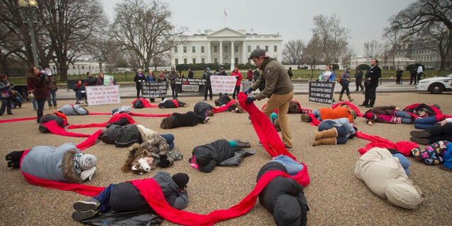 Anti-abortion rights activists protest in front of the White House in Washington, Jan. 21, 2015.