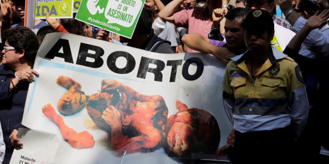 People and pro-life activists hold a banner with an image of a fetus which reads "Abortion."