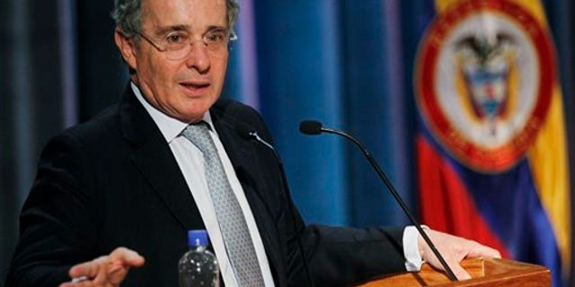 Alvaro Uribe at the Nueva Granada military university in Bogota, Colombia, on August 26, 2011.