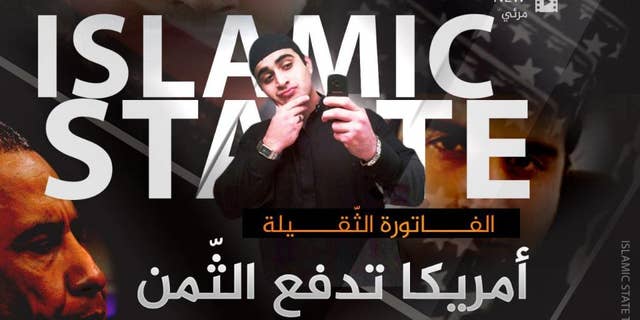 This poster, distributed by an Islamic state militant supporter to advertise a new propaganda video, shows Omar Mateen who killed 49 people at the Pulse nightclub in Orlando, Florida, with 'Islamic State' blazoned behind him. It took just a few hours for the Islamic State group’s opportunistic propaganda machine to take responsibility for the latest bloodshed in Florida and in France, with messages claiming the two attackers as its own. It may take the group longer to sort through the implications of a killer whose backstory of conflicted sexuality and heavy drinking is at odds with a carefully crafted public image of its fighters. Arabic reads: “The large bill. America is paying the price.” (Militant Media Arm via AP)
