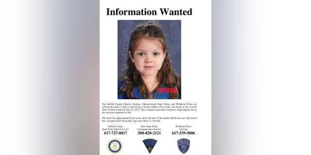 FILE - This undated flyer released Thursday, July 9, 2015, by the Suffolk County Massachusetts District Attorney includes a computer-generated composite image depicting the possible likeness of a young girl whose body was found on the shore of Deer Island in Boston Harbor on June 25, 2015. A law enforcement official told The Associated Press Friday, Sept. 18, 2015, that authorities have identified the little girl.  (Suffolk County District Attorney via AP, File)
