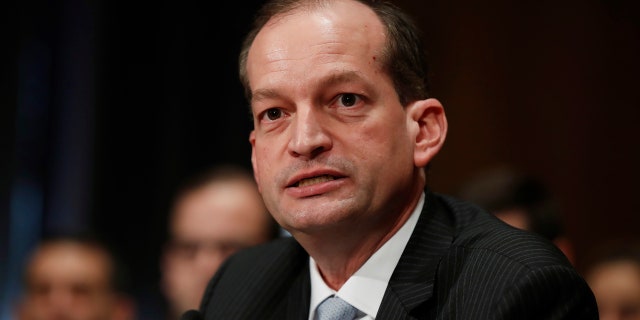 In this March 22, 2017 file photo, Labor secretary-designate Alexander Acosta testifies on Capitol Hill in Washington.