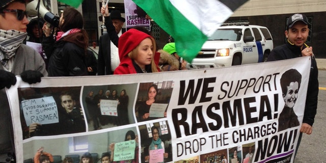 Nov. 4, 2014: Rasmieh Odeh's supporters march outside the federal courthouse in Detroit (AP)