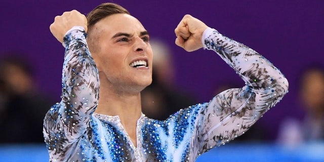 Adam Rippon of the United States reacts after his performance in the men's single skating free skating in the Gangneung Ice Arena at the 2018 Winter Olympics in Gangneung, South Korea, Monday, Feb. 12, 2018.