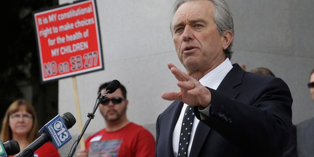 April 8, 2015: Robert Kennedy, Jr., son of former U.S. Attorney Gen. Robert Kennedy and nephew of President John F. Kennedy, speaks against a measure requiring California schoolchildren to get vaccinated during a rally at the state Capitol in Sacramento. (AP Photo/Rich Pedroncelli)