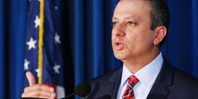 FILE - In this Sept. 15, 2015 file photo, U.S. Attorney Preet Bharara speaks during a news conference in New York. Bharara’s Twitter following soared after he tweeted Tuesday, March 22, 2016, about the arrest of Reza Zarrab, a controversial Iranian-Turkish businessman. (AP Photo/Kathy Willens, File)