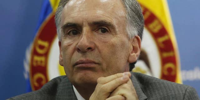 FILE - In this Monday, Oct. 10, 2016, file photo, Jean Arnault, of France, the head of the U.N. political mission inColombia, attends a press conference in Bogota, Colombia. Colombians don't want the peace process to unravel and would like to see quick agreement on a new peace deal to replace the one rejected by voters, Arnault said Wednesday, Oct. 19. (AP Photo/Ivan Valencia, File)