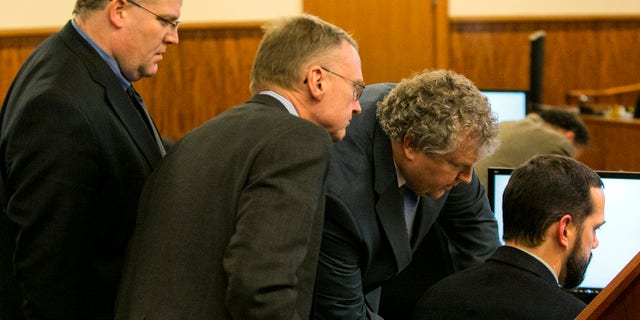 Prosecution and defense teams during the murder trial for Aaron Hernandez in Fall River, Mass., Feb. 20, 2015.