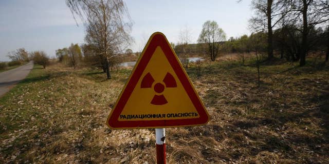 FILE - In this Monday, April 11, 2016, file photo, a radiation warning sign stands near a checkpoint in an exclusion zone around the Chernobyl nuclear reactor, southeast of Minsk, Belarus. A Belarus court on Thursday Dec. 22, 2016 ruled against an Associated Press correspondent in a lawsuit by a dairy company that claimed an AP article about farming on fallout-damaged land hurt its reputation. (AP Photo/Sergei Grits, File)