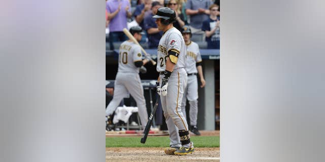 Pittsburgh Pirates' Tony Sanchez reacts after striking out to end the first game of a double-header against the New York Yankees at Yankee Stadium, Sunday, May 18, 2014 in New York. The Yankees defeated the Pirates 4-3. (AP Photo/Seth Wenig)
