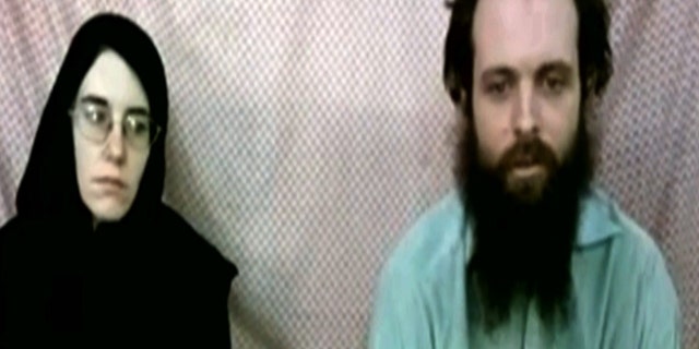 This frame grab from video provided by the Coleman family shows Caitlan Coleman and Joshua Boyle. The family of a then-pregnant American woman who disappeared in Afghanistan in late 2012 with her Canadian husband received two videos last year in which the couple asked the U.S. government to help free them from their Taliban captors, The Associated Press has learned.