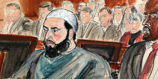 Rahimi, seen in this court room sketch, was sentenced to multiple life terms in prison for setting off small bombs in two states.