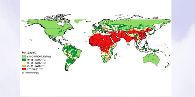 Global map comparing 2016 fine particulate matter concentrations to World Health Organization air quality guidelines and interim target (IT) levels