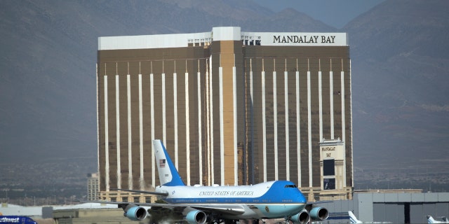 Air Force One carrying President Trump taxis on the runway past the Mandalay Bay Resort and Casino in Las Vegas, Oct. 4, 2017.