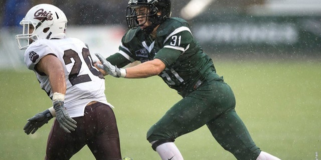 Oct. 31, 2015: This photo shows Portland State University linebacker AJ Schlatter in action against the Montana Grizzlies. The school announced that Schlatter died at his home in Camy, Ore. Sunday, Jan. 17, 2016. (Portland State University)