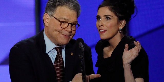Sarah Silverman (right) and Al Franken at the 2016 Democratic National Convention.