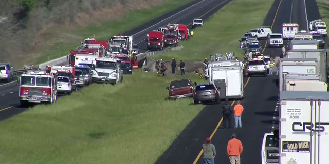 The charter bus heading to Texas fell into a ravine early Tuesday morning.
