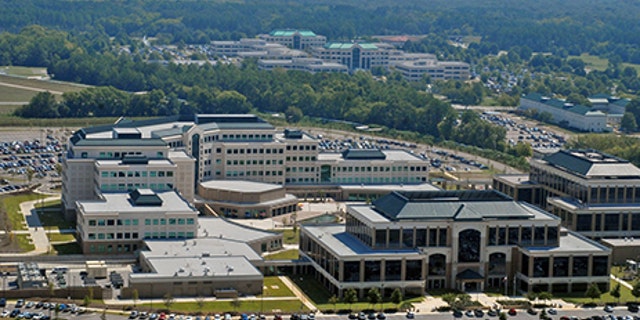 A view of the Redstone Arsenal showing the Missile Defense Agency at the Von Braun Center in the foreground and the Sparkman Center, home of the Aviation and Missile Command, in the background.