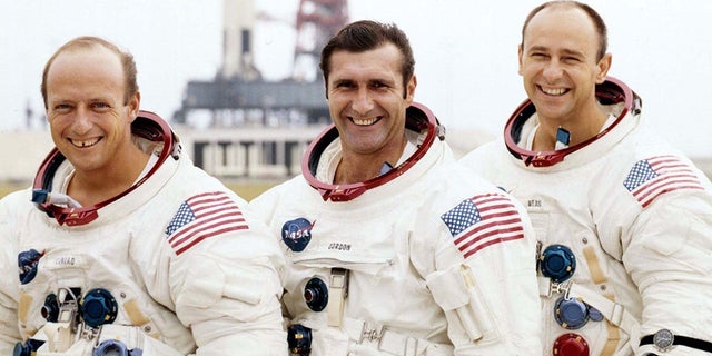 Apollo 12 astronauts, left to right, Charles "Pete" Conrad, Richard Gordon and Alan Bean.