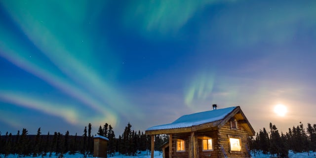 Alaska cabin, northern lights