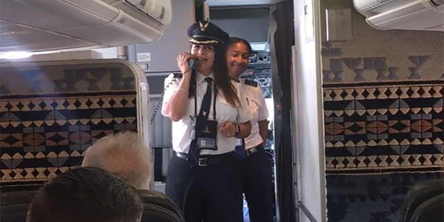 Captain Tara Write and First Officer Mallory Cave told passengers they were on a history-making flight on Sunday.