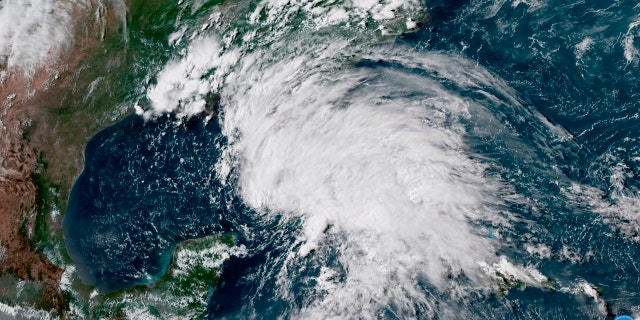 This GOES-16 GeoColor satellite image taken Saturday shows Subtropical Storm Alberto in the the Gulf of Mexico.