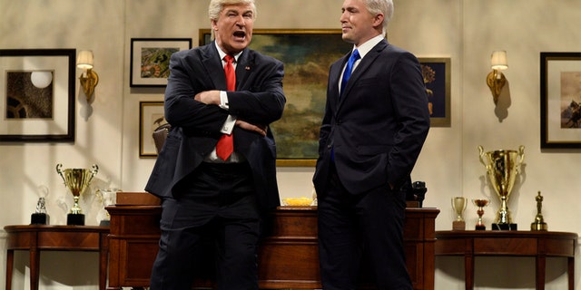 Pictured: (l-r) Alec Baldwin as Donald Trump and Beck Bennett as Mike Pence during the "Donald Trump Prepares Cold Open" sketch on "SNL" November 19, 2016.