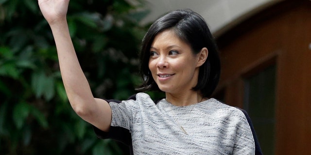 This April 6, 2013, file photo shows MSNBC host Alex Wagner waving to the crowd before moderating a session on human trafficking during the Clinton Global Initiative at Washington University in St. Louis. Showtime said it will keep its political show “The Circus” despite the loss of Mark Halperin, axed due to sexual misconduct charges. He’s being replaced by CBS News’ Wagner, who joins holdovers John Heilemann and Mark McKinnon.