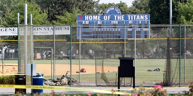 The baseball field that is the scene of a shooting in Alexandria, Va., Wednesday, June 14, 2017, where House Majority Whip Steve Scalise of La. was shot at a congressional baseball practice. (AP Photo/Alex Brandon)