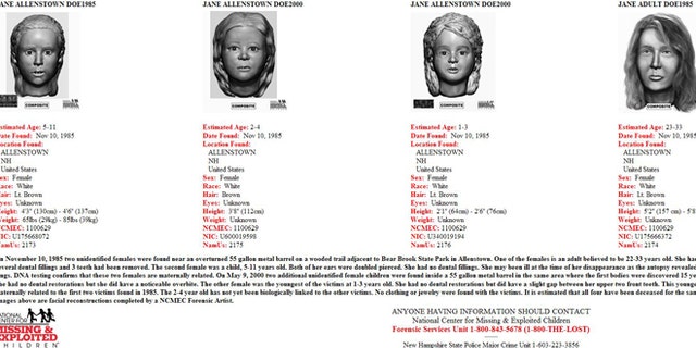 A poster with new images of the four victims found in Allentown, N.H. in 1985 and 2000.