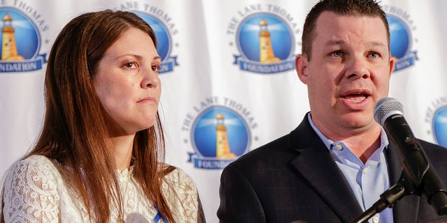 Sept. 27, 2017: Matt and Melissa Graves, parents of Lane Thomas, the 2-year-old Nebraska boy who was killed by an alligator last year at Walt Disney World, speak at a news conference in Omaha, Neb.