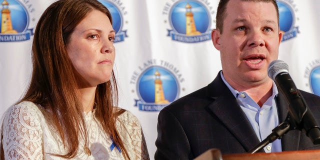 Sept. 27, 2017: Matt and Melissa Graves, parents of Lane Thomas, the 2-year-old Nebraska boy who was killed by an alligator last year at Walt Disney World, speak at a news conference in Omaha, Neb.